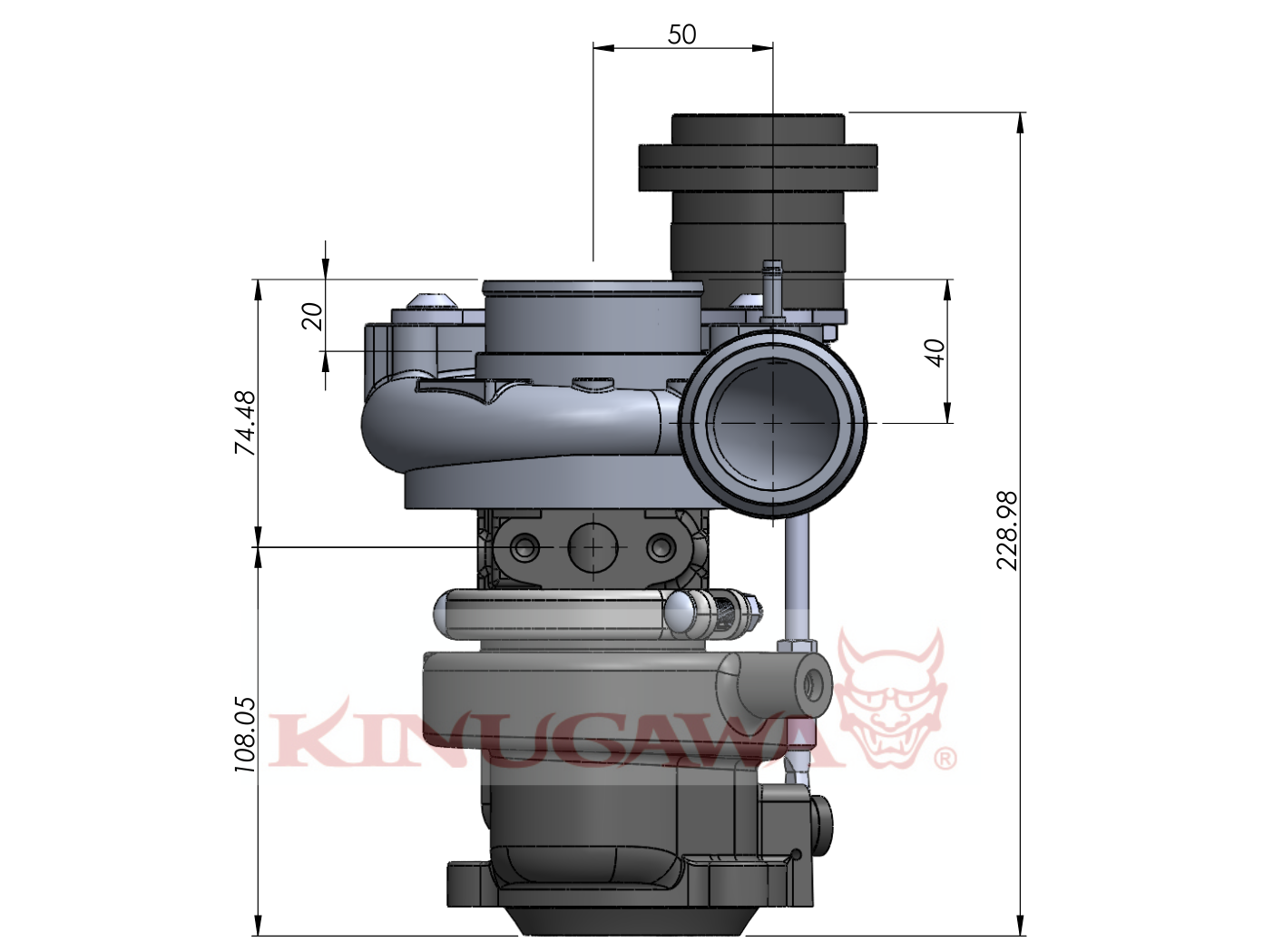Kinugawa Turbo TD04L-19T T25 SAAB conic outlet with internal wastegate, showing the turbocharger's top view and detailed components.