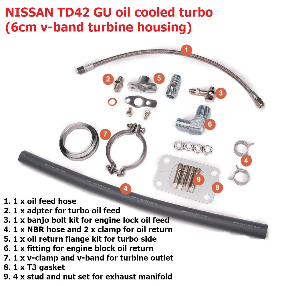 Kinugawa Turbo 3-inch Anti-Surge TD05H-16G turbocharger for Nissan Patrol TD42 with V-band, oil-cooled, top mount, 90-degree design