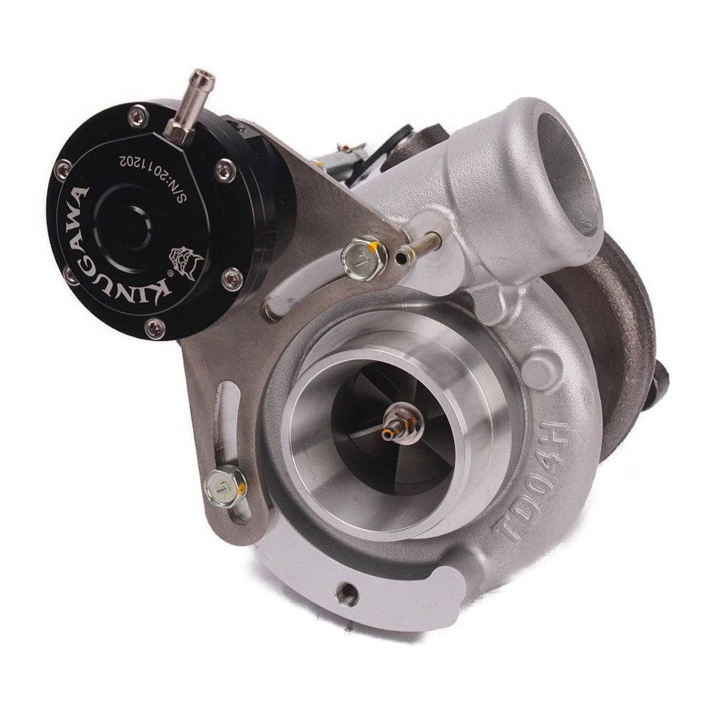 Kinugawa Turbo TD04HL-15T T25 with conic outlet and internal wastegate, designed for Saab vehicles, shown from rear angle.