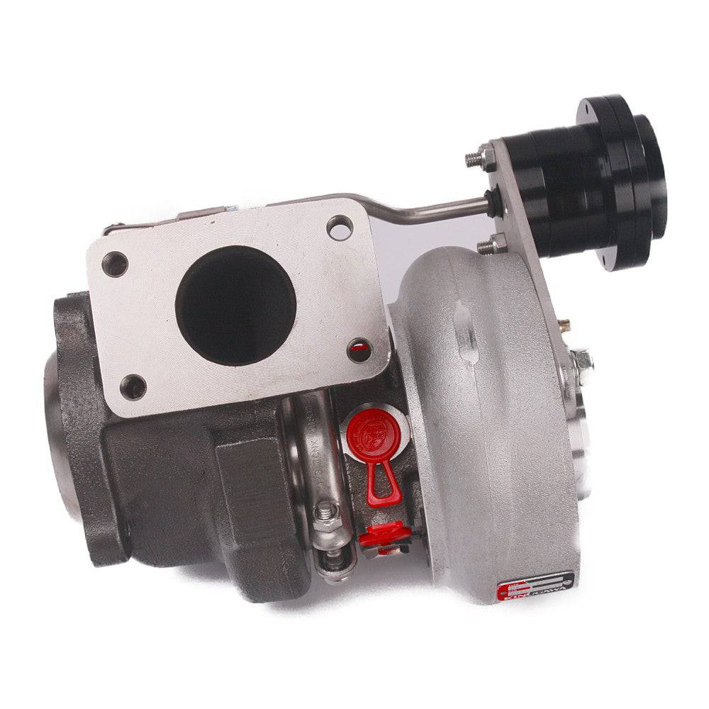 Kinugawa Turbo TD04HL-15T T25 Saab turbocharger with conic outlet and internal wastegate, shown from rear outlet angle.