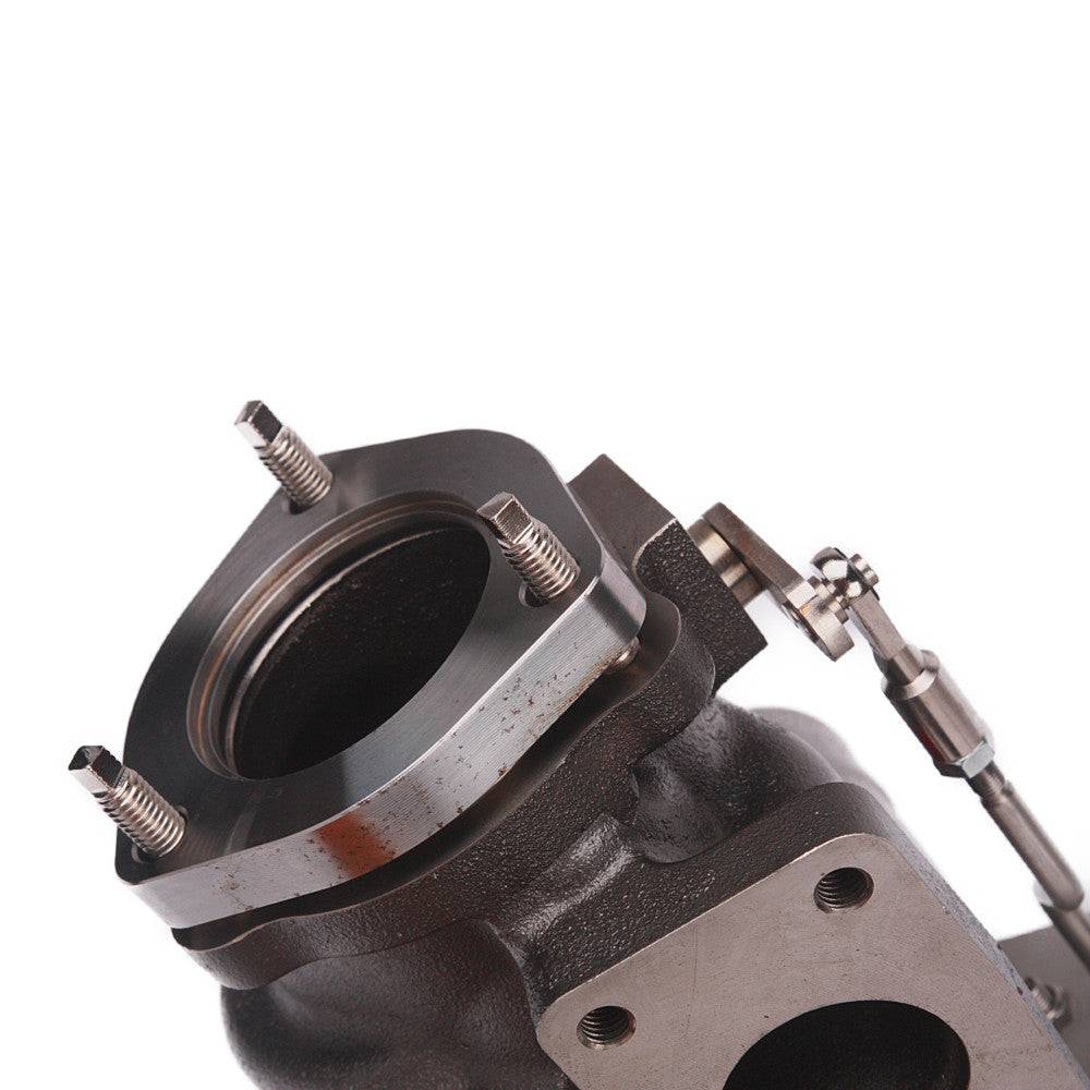 Kinugawa Turbo 2.4" TD04HL-15T T25 Saab with conic outlet and internal wastegate, shown from rear view with outlet sizes.