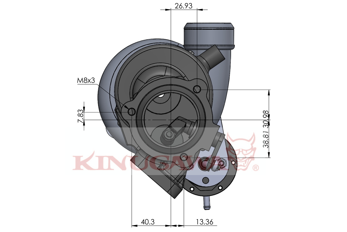 Kinugawa Turbo TD04L-19T T25 SAAB conic outlet with internal wastegate, shown from bottom angle.