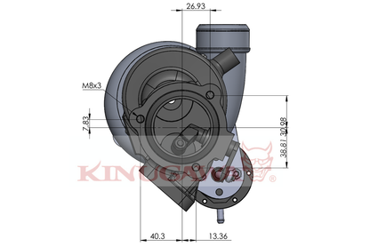 Kinugawa Turbo TD04L-19T T25 SAAB conic outlet with internal wastegate, shown from bottom angle.
