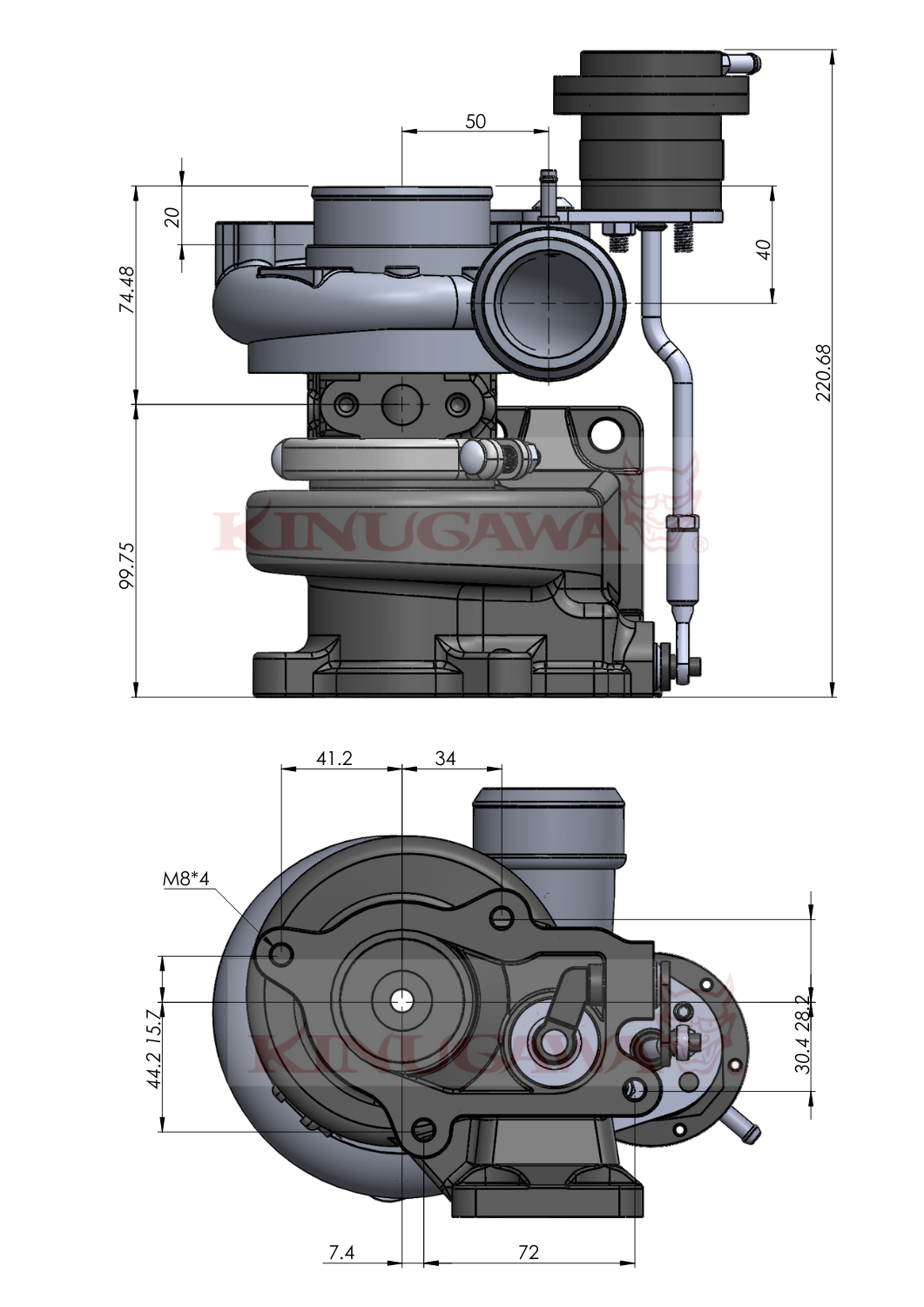 Kinugawa Turbo 2.4" TD04HL-15T with 6cm T25 Greddy 4-bolt internal wastegate for high-performance turbocharger applications.