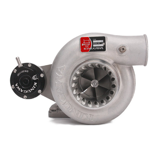 Kinugawa turbocharger with 3-inch anti-surge TD05H-16G for Nissan Patrol TD42, oil-cooled, top mount, 90-degree V-band connection