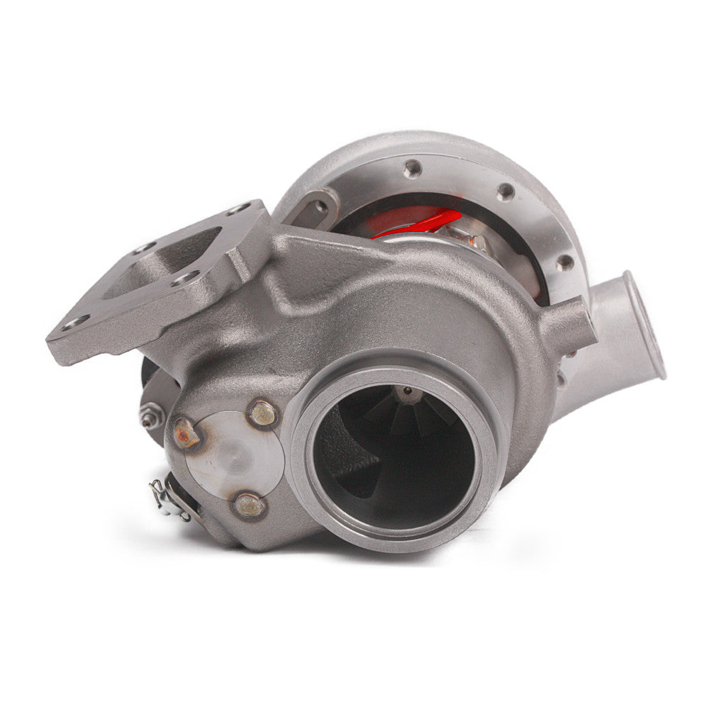 Kinugawa Turbo 3" Anti-Surge TD05H-18G turbocharger with V-band for Nissan Patrol TD42, top mount, water-cooled, 90-degree design.