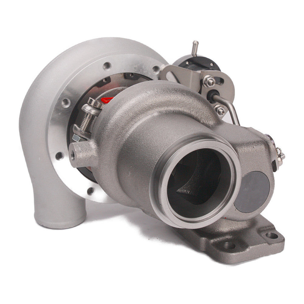 Kinugawa Turbocharger with 4-inch anti-surge TD05H-16G for Nissan Patrol, top mount oil-cooled with V-band connection.