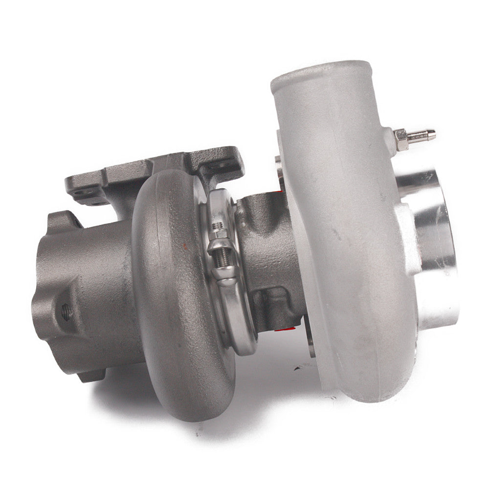Kinugawa Turbo 4" Anti-Surge TD05H-18K for Nissan Patrol TD42, oil-cooled turbocharger with 3-bolt and V-band connections.