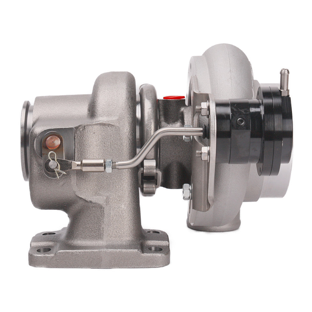 Kinugawa Turbocharger TD05H-18G 4-inch anti-surge V-band for Nissan Patrol TD42 with top mount, oil-cooled, radius merge manifold.