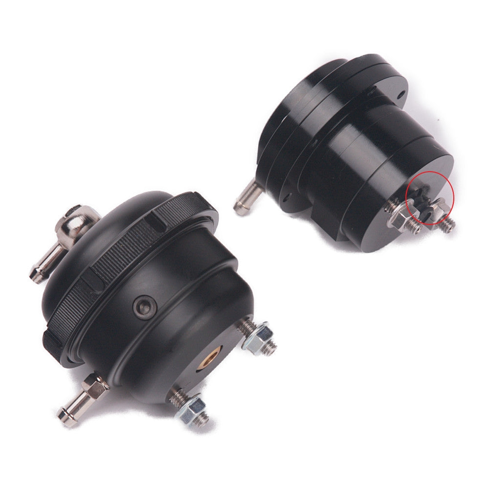 Kinugawa turbo adjustable internal wastegate actuator dustproof cover showing black rubber and metal components for engine protection.
