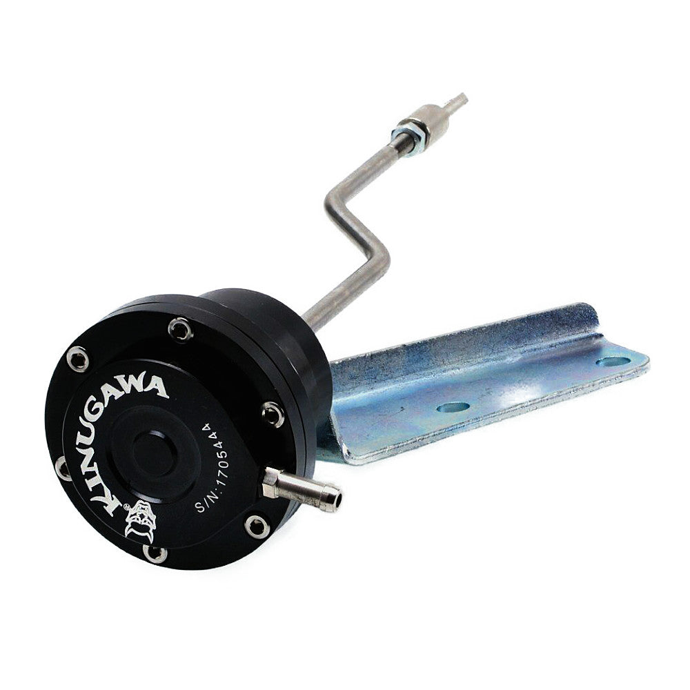 Kinugawa Turbo adjustable internal wastegate actuator for Mitsubishi Lancer EVO 4-8 4G63 engine, showing metal construction and adjustment mechanism.