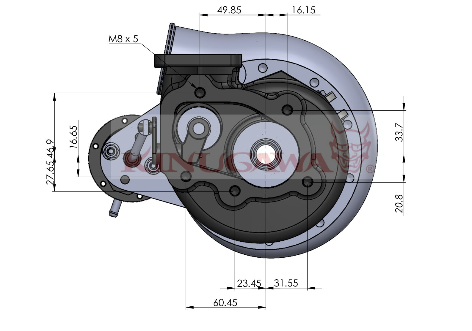 Kinugawa Turbo 3" TD05H-18G turbocharger with V-band, 8cm T25, 5-bolt internal wastegate, ball-bearing design.