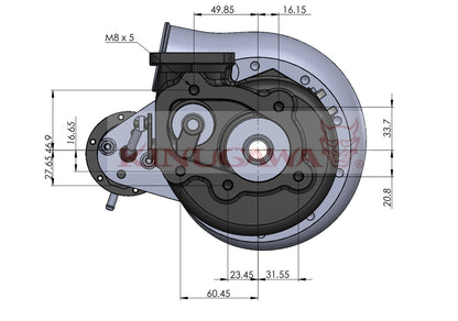 Kinugawa Turbo 3" TD05H-18G turbocharger with V-band, 8cm T25, 5-bolt internal wastegate, ball-bearing design.