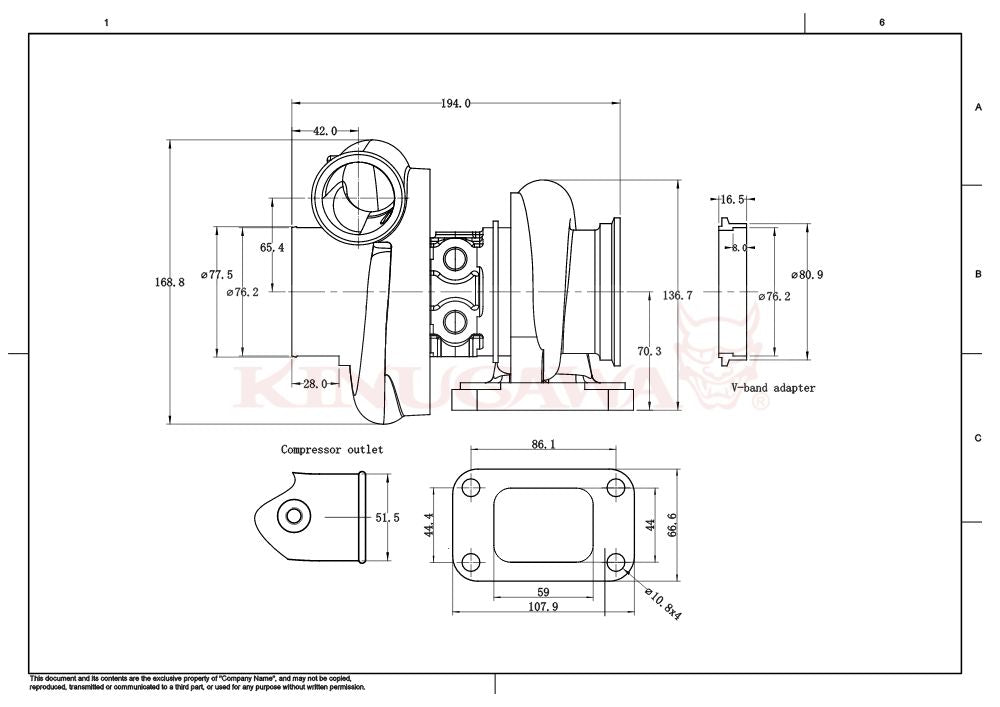 Kinugawa Turbo 3" TD05H-18G external wastegate with T3 V-band, ball bearing, 10cm size, suitable for turbocharger applications.