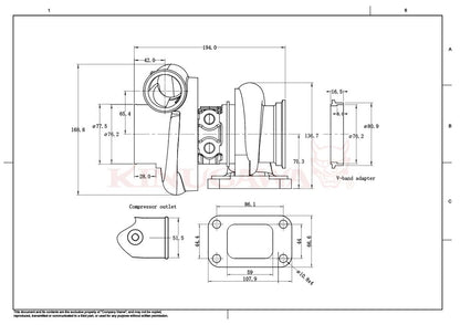 Kinugawa Turbo 3" TD05H-18G external wastegate with T3 V-band, ball bearing, 10cm size, suitable for turbocharger applications.