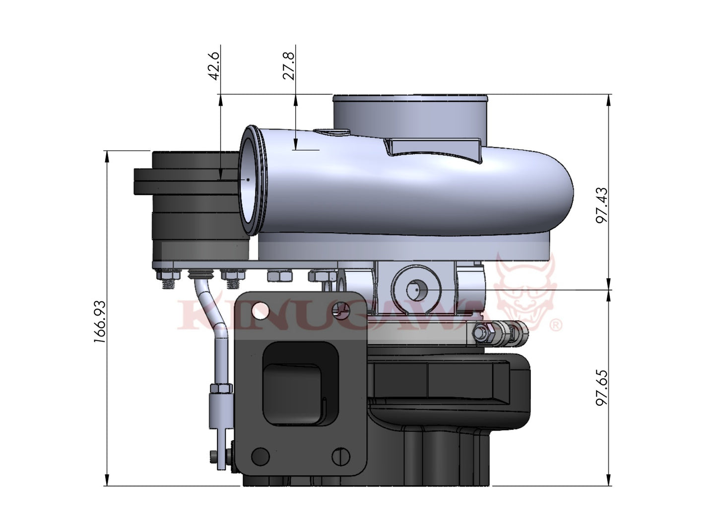 Kinugawa Turbo 3" TD05H-18G turbocharger with internal wastegate, 8cm T25 5-bolt V-band, ball-bearing design for enhanced performance.