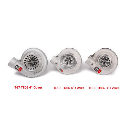 Kinugawa turbocharger external wastegate with 4-inch turbo ball bearing, anti-surge design, TD05H-16G, T3 V-band connection.