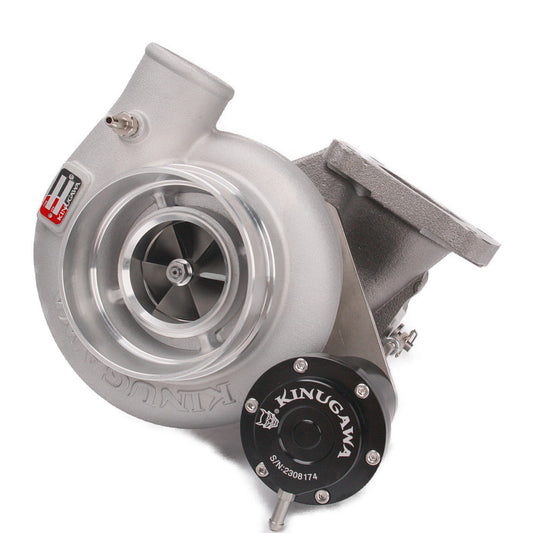 Kinugawa Turbo 4" Anti-Surge TD05H-16K turbocharger for Toyota Land Cruiser 1HDT, 1HD-T, 1HD-FTE engine, metallic finish.