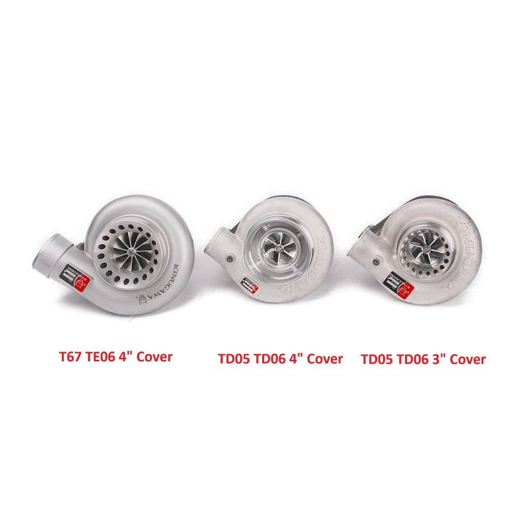 Kinugawa Turbo Ball Bearing 4-inch external wastegate for TD05H-20G turbocharger, featuring T3 V-band connection and anti-surge design.