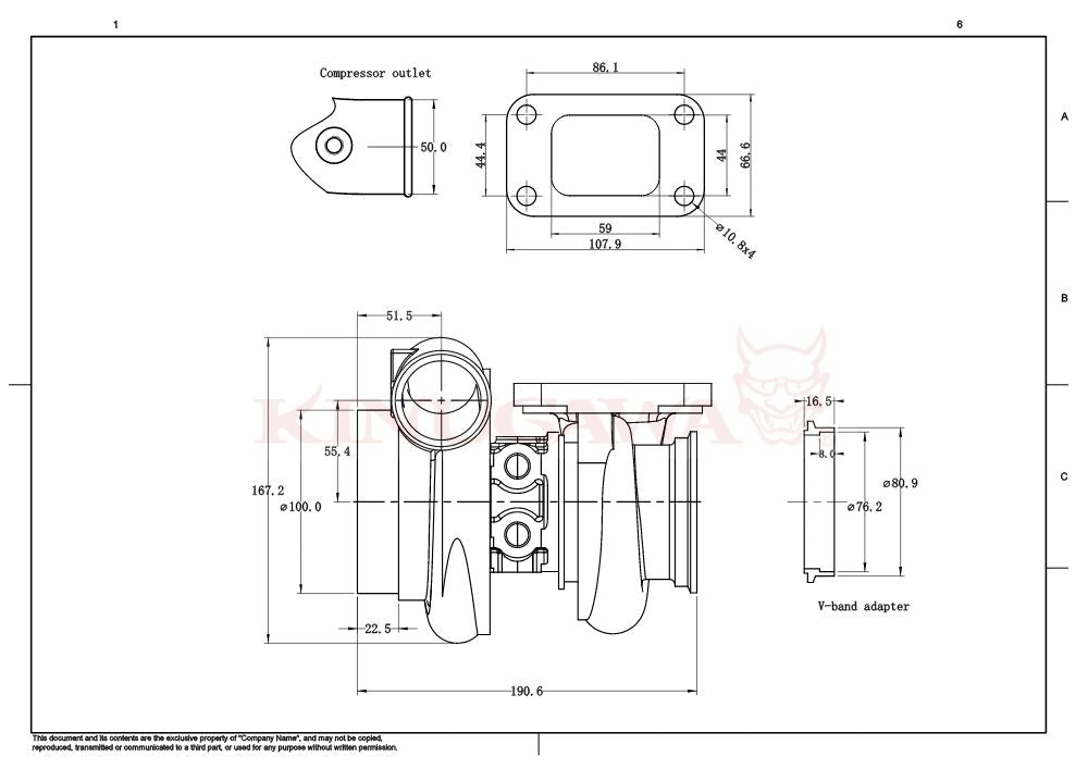 Kinugawa Turbo Ball Bearing TD05H-16K external wastegate turbocharger with 4-inch V-band connection and anti-surge design.