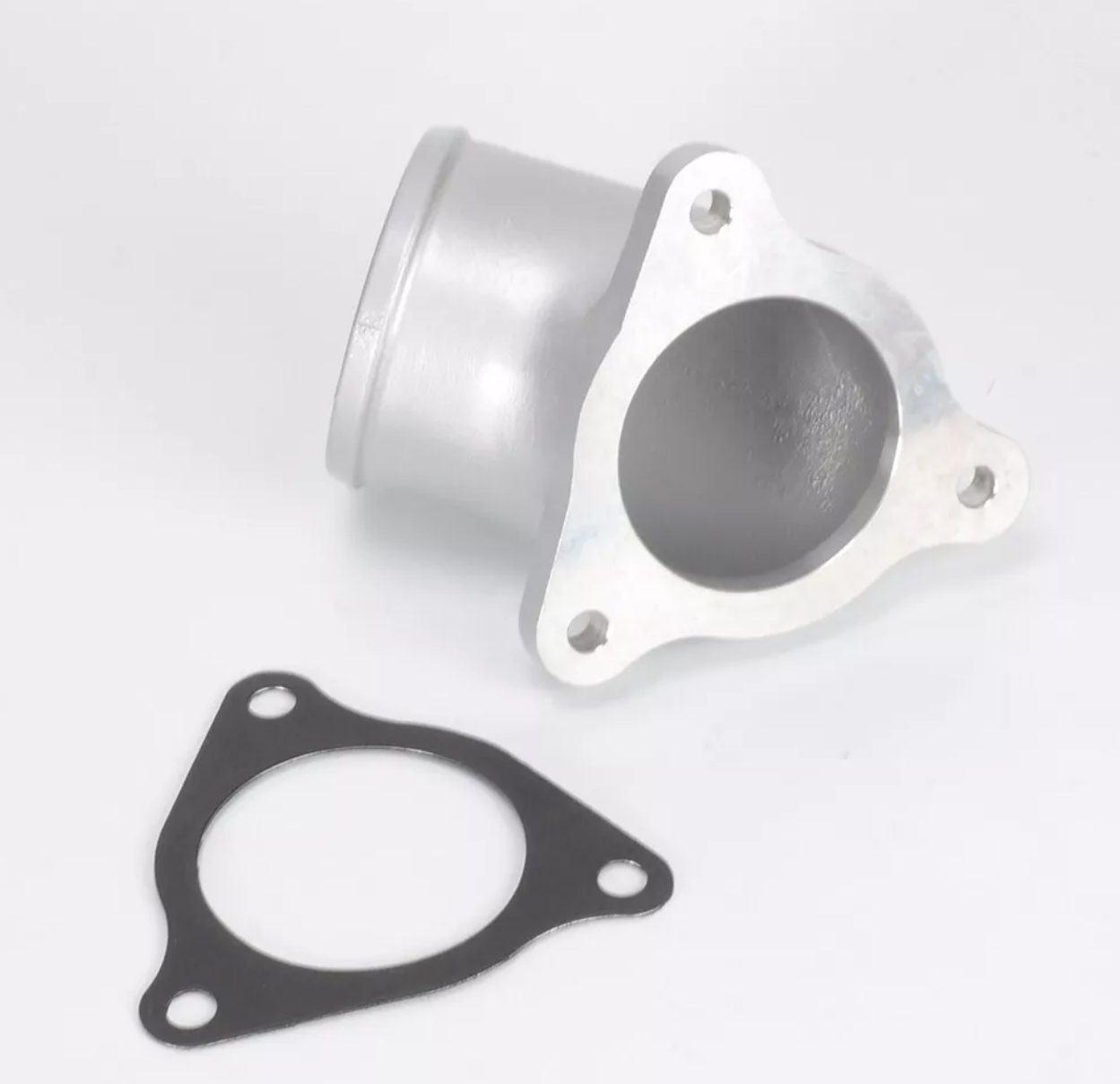 Kinugawa turbo compressor inlet adapter for Mitsubishi Lancer EVO X 10 4B11T, turbine housing component, black metal finish.