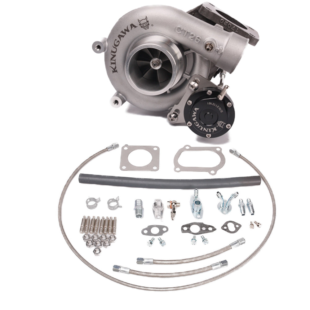 Kinugawa Turbo CT26 GT3071R turbocharger for Toyota Supra 7MGTE, 7M-GTE, MK3 MA70, bolt-on, with polished metal housing and compressor wheel.