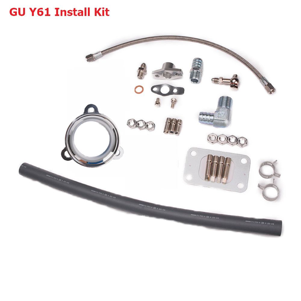 Kinugawa turbo oil and water line kit for Nissan Patrol Safari TD42, includes V-band turbine housing and adapters.