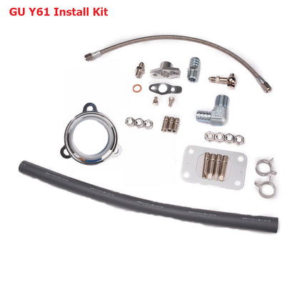 Kinugawa turbo oil and water line kit for Nissan Patrol Safari TD42, includes V-band turbine housing and adapters.