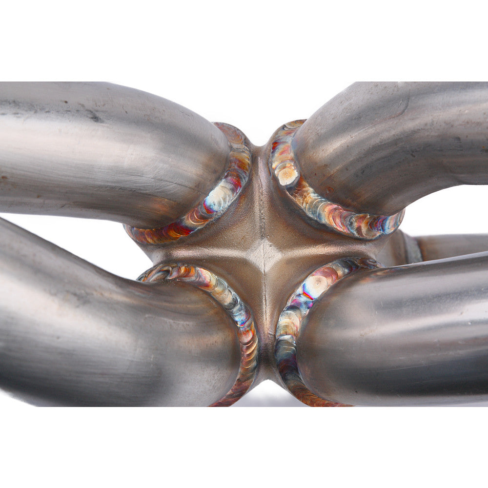 Kinugawa Turbo Subaru WRX and STi EJ25 equal length header manifold showing polished metal construction and flange details.