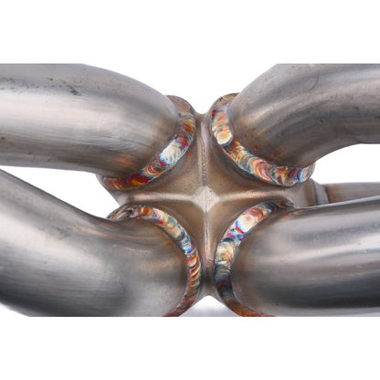 Kinugawa Turbo Subaru WRX and STi EJ25 equal length header manifold showing polished metal construction and flange details.