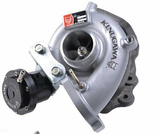 Kinugawa Turbo TF035HM-15G for Mitsubishi Colt CZT Ralliart, shows the turbocharger with metal turbine housing and compressor wheel.