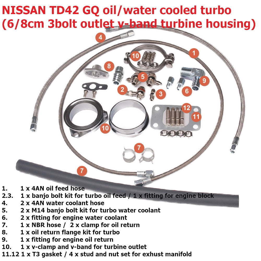 Kinugawa Turbo 4" Anti-Surge TD05H-16G 6cm T3 DTS 3" V-Band Nissan Patrol TD42 Low Mount Wassergekühlt