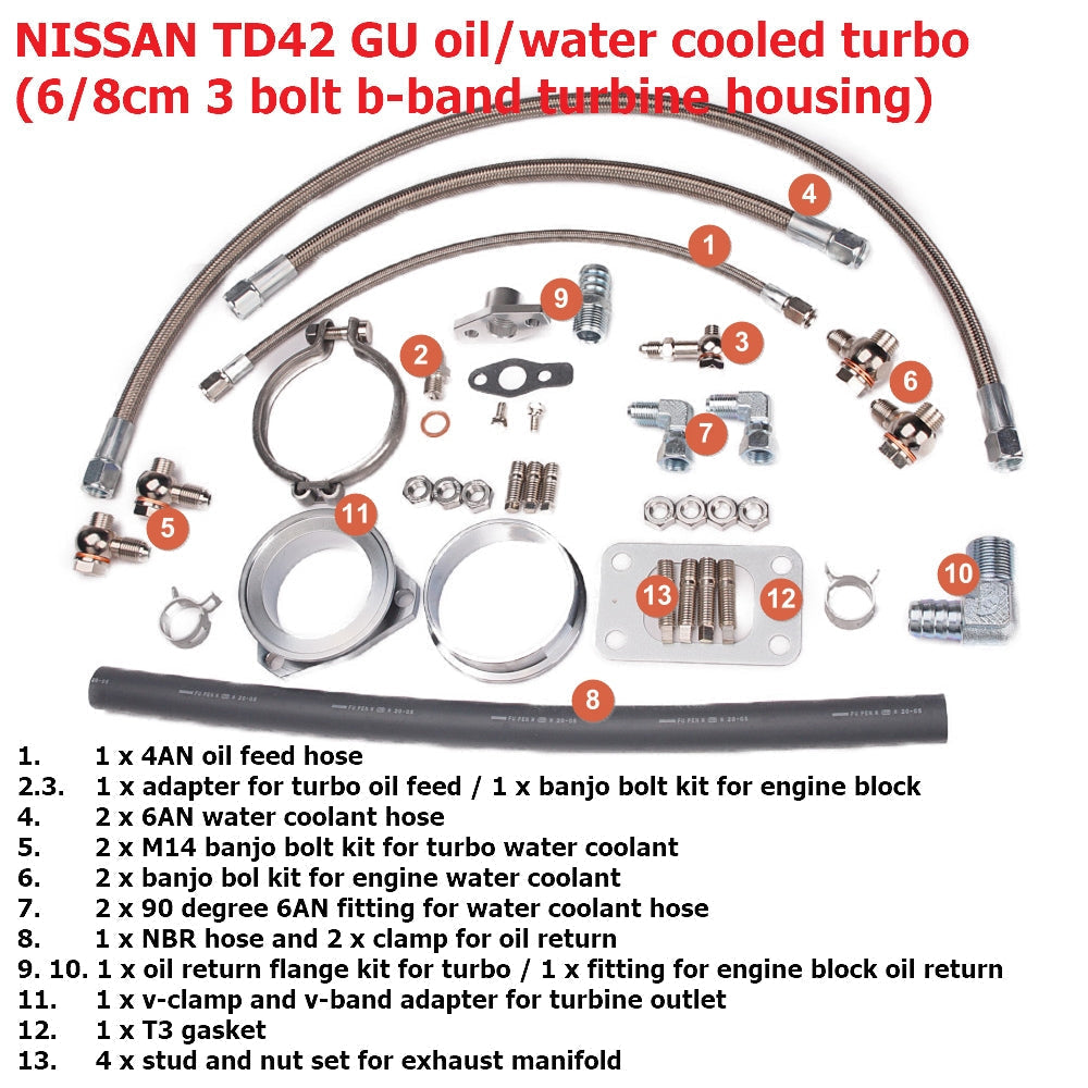 Kinugawa Turbo 4 "Anti-Surge TD05H-16G 6cm T3 DTS 3" V-band Nissan Patrol TD42 Low Mount raffreddato ad acqua