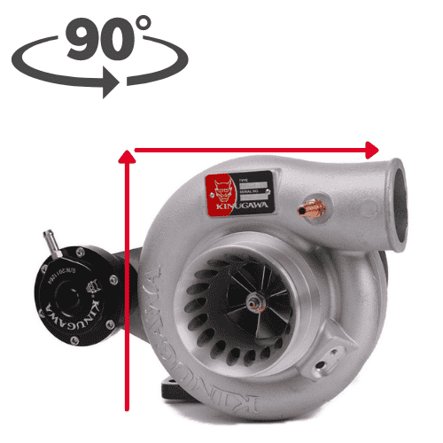 Kinugawa Turbo 3" Anti-Surge TD05H-16G V-Band turbocharger for Nissan Patrol TD42, top mount, oil-cooled, 90-degree angle.