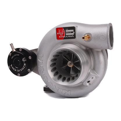 Kinugawa Turbo 3" Anti-Surge TD05H-18G V-Band turbocharger for Nissan Patrol TD42, top mount, oil-cooled, 90-degree design.