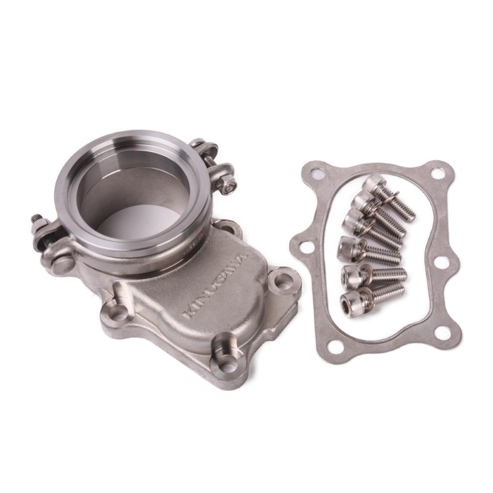 Kinugawa Turbo V-band dump pipe flange for Nissan RB20DET and RB25DET factory turbine housings, used for turbocharger upgrades.
