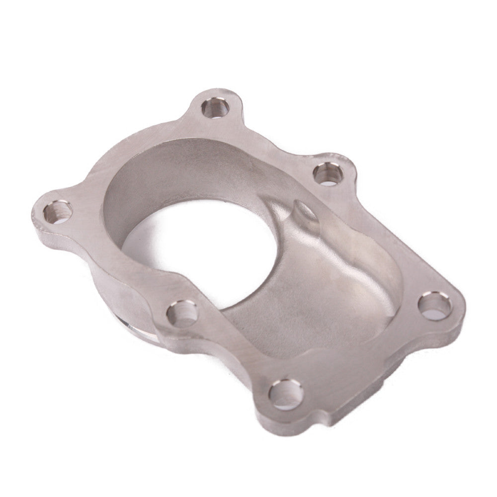 Kinugawa Turbo V-band dump pipe flange for Nissan RB20DET and RB25DET factory turbine housing, suitable for turbocharger upgrades.