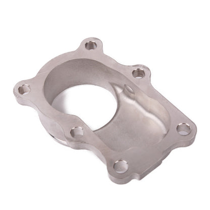 Kinugawa Turbo V-band dump pipe flange for Nissan RB20DET and RB25DET factory turbine housing, suitable for turbocharger upgrades.