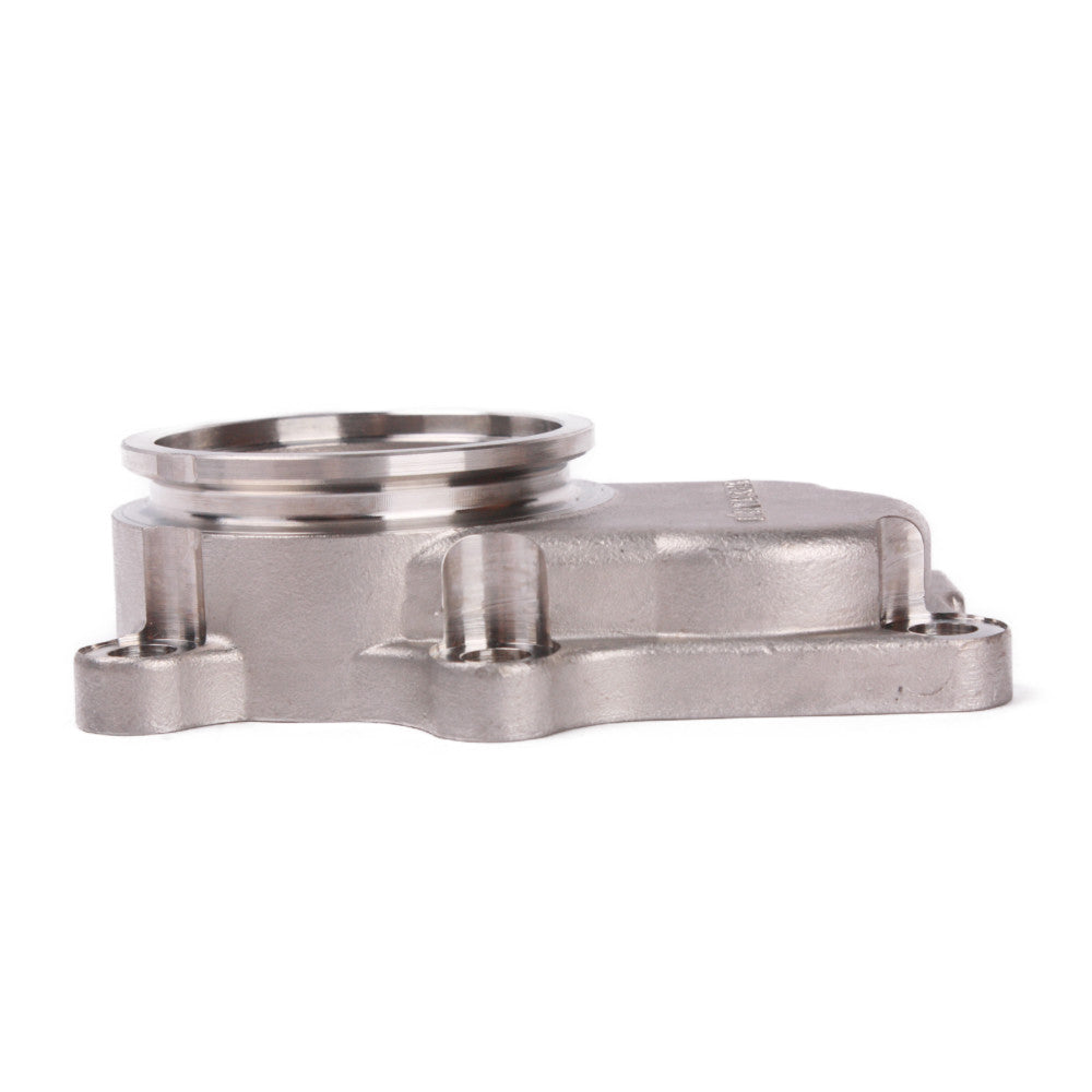 Kinugawa turbo V-band dump pipe flange for Nissan RB20DET and RB25DET factory turbine housings, aftermarket turbo upgrade part