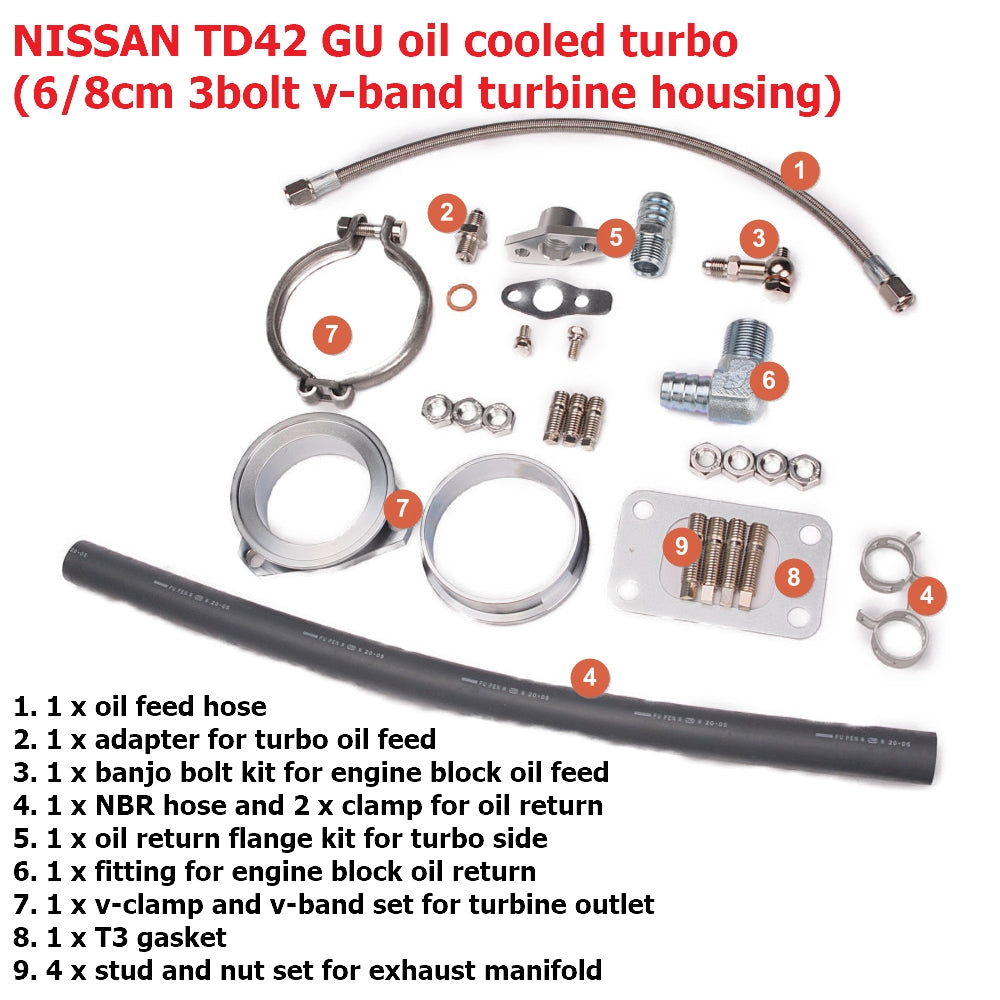 Kinugawa Turbo 3" TD05H-16G 6cm T3 DTS 3" V-band Nissan Patrol TD42 Low Mount Oil-Cooled