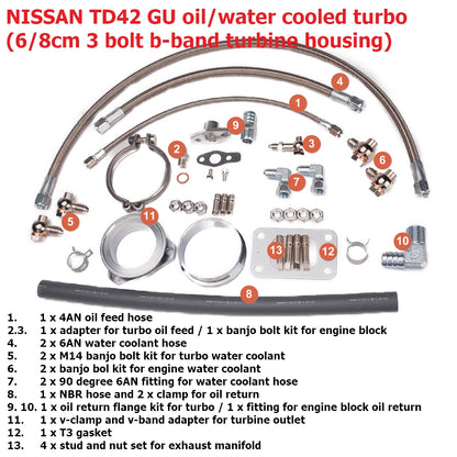 Kinugawa Turbo 3" Anti-Surge TD05H-20G 6cm DTS 3-Bolt 3" V-Band for Nissan Patrol TD42 Low Mount Water-Cooled